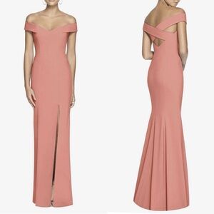 DESSY COLLECTION 3012 OFF-THE-SHOULDER CRISSCROSS BACK TRUMPET GOWN  Desert Rose